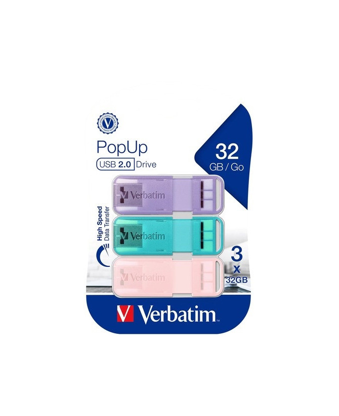 Verbatim PopUp USB2.0 Drive 32GB Triple Pack Flash Drive in Pastel Colour 66760