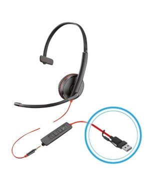 HP Poly Blackwire 3215 USB-C Mono Headset with 3.5mm Plug + USB-C/A Adapter 8X227AA