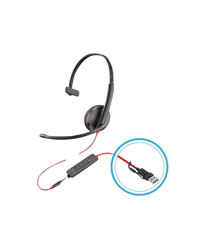 HP Poly Blackwire 3215 USB-C Mono Headset with 3.5mm Plug + USB-C/A Adapter 8X227AA