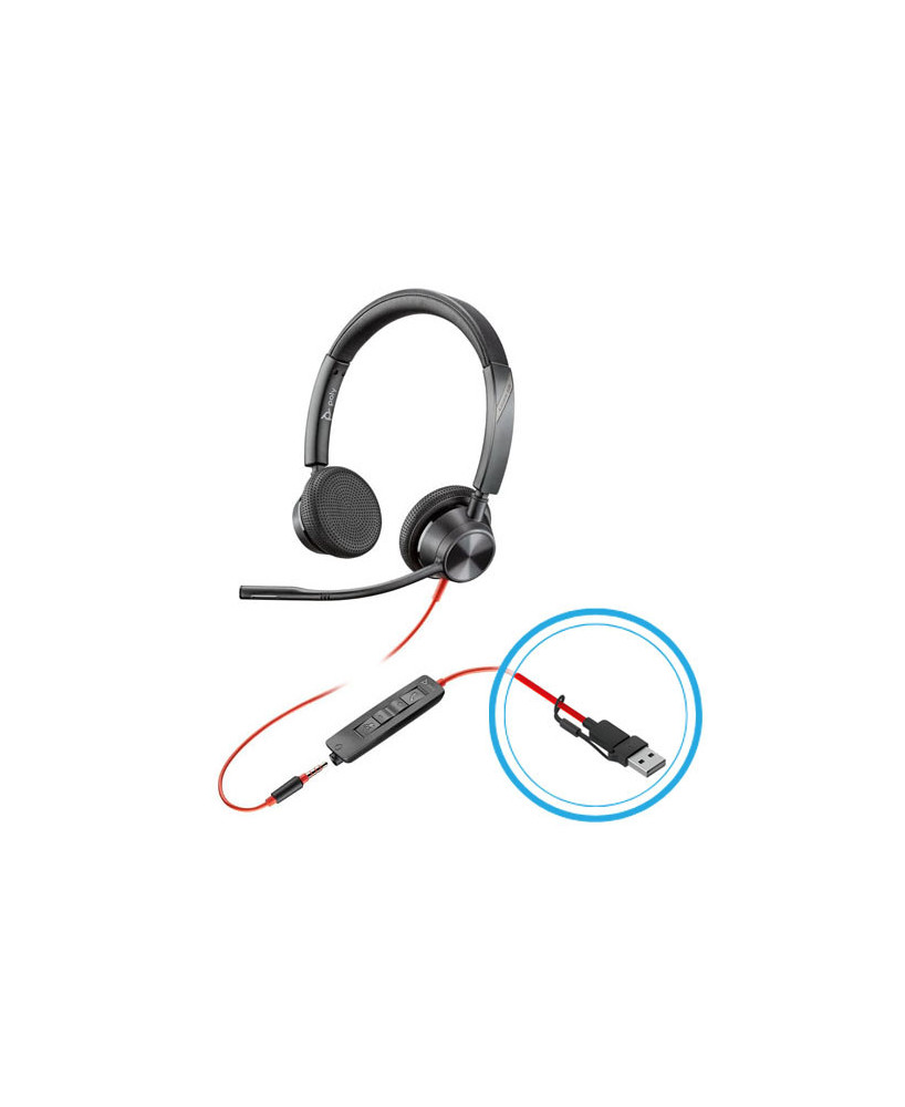 HP Poly Blackwire 3325 USB-A Stereo Wired Headset with 3.5mm Plug + USB-C/A Adapter 8X221AA