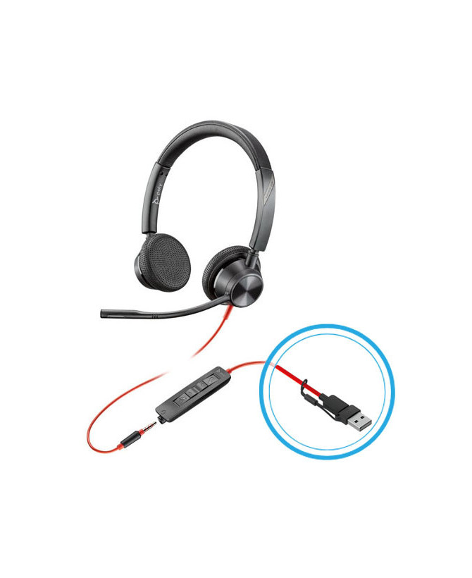 HP Poly Blackwire 3325 USB-A Stereo Wired Headset with 3.5mm Plug + USB-C/A Adapter 8X221AA