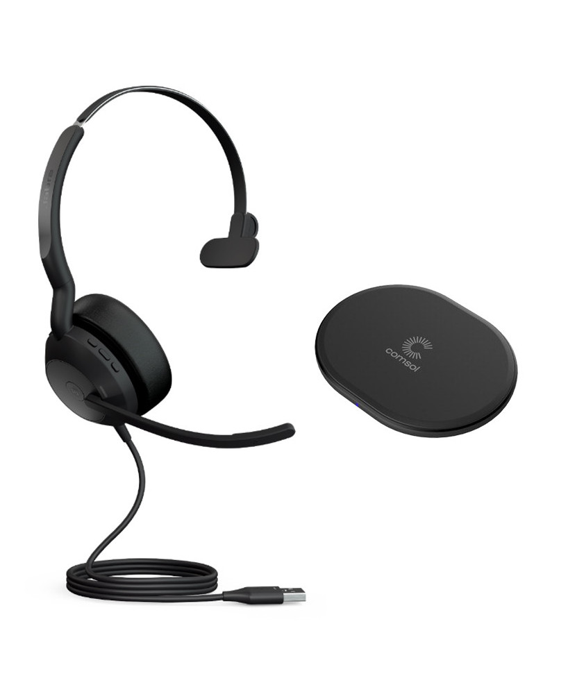 Jabra Evolve2 50 MS USB-A Bluetooth Mono Wired Headset With COMSOL 10W Wireless Charging Pad In Black 25089-899-999-CHARGER