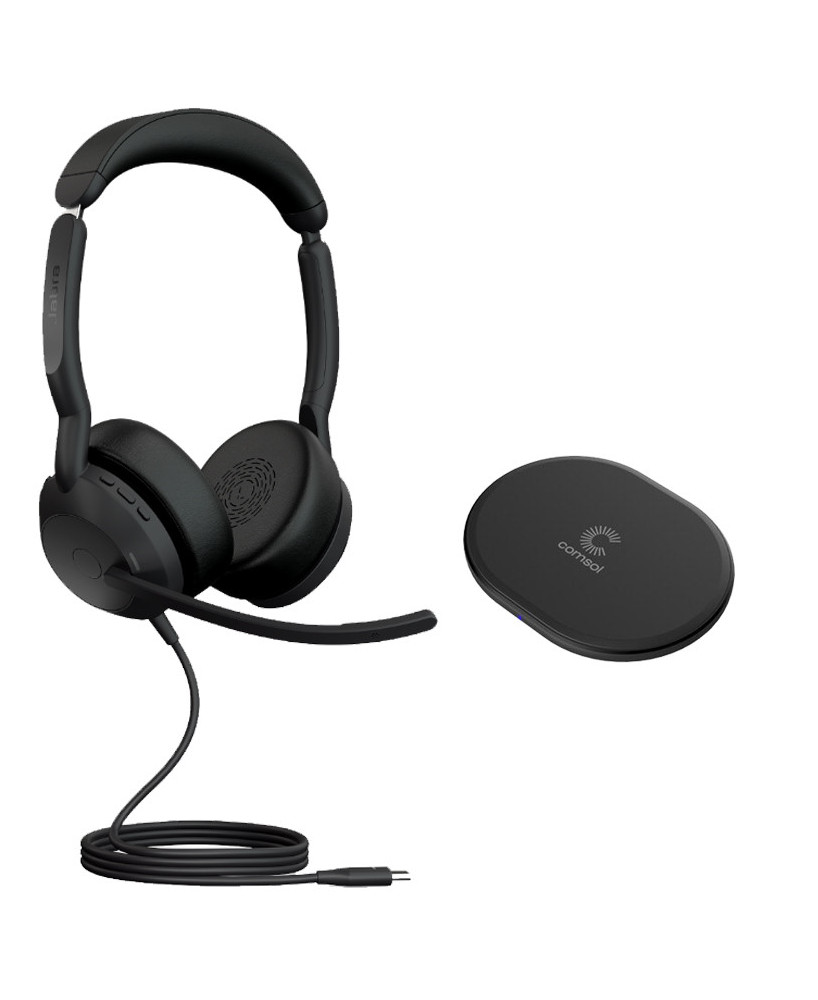 Jabra Evolve2 50 UC USB-C Bluetooth Stereo Wired Headset With COMSOL 10W Wireless Charging Pad In Black 25089-989-899-CHARGER