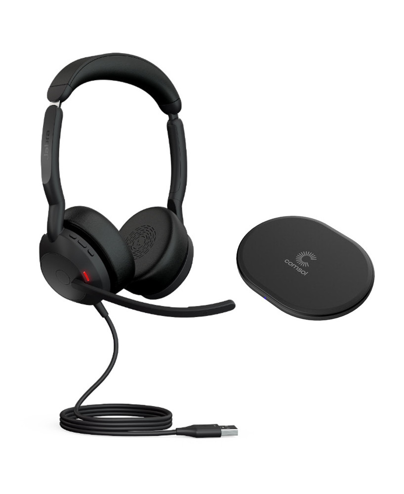 Jabra Evolve2 50 UC USB-A Bluetooth Stereo Wireless Headset With COMSOL 10W Wireless Charging Pad In Black 25089-989-999-CHARGER