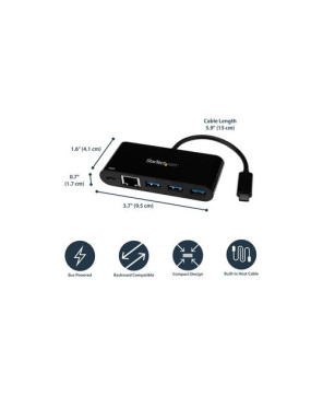 uy StarTech USB-C to Ethernet Adapter with 3-Port USB 3.0 Hub and Power Delivery US1GC303APD